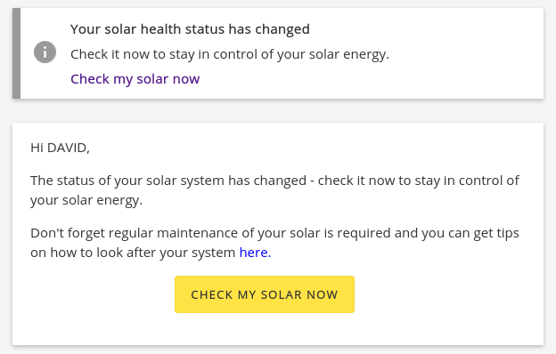 Solar health status email from electricity retailer. This shows the solution is working in increasing self-consumption.